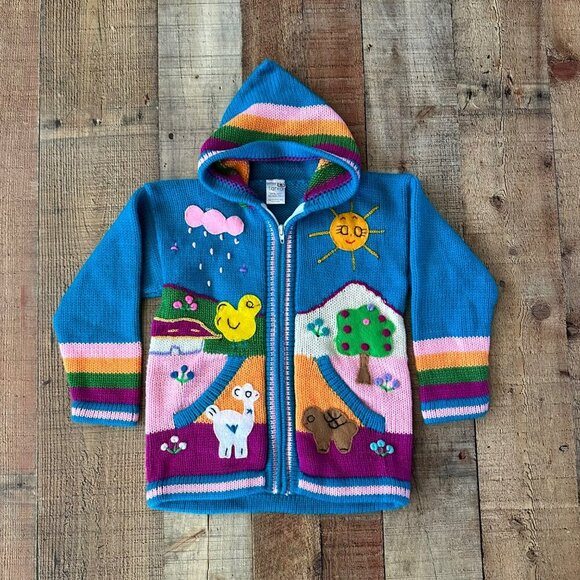 Handmade Tarka Kids Wool Sweater With Hood & Animal Design Size 8 Made In Peru - Picture 1 of 5